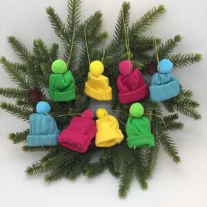 Knit Hat Toboggan Set/8 MINI TREE Ornaments Christmas Rainbow Colors New